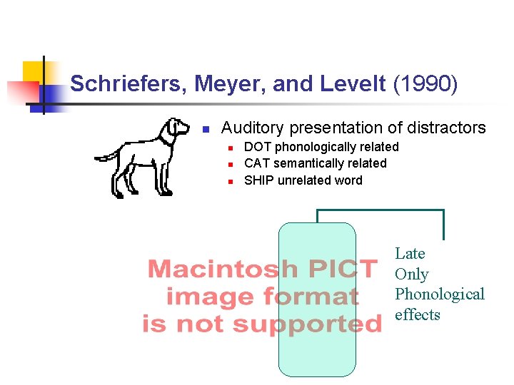 Schriefers, Meyer, and Levelt (1990) n Auditory presentation of distractors n n n DOT