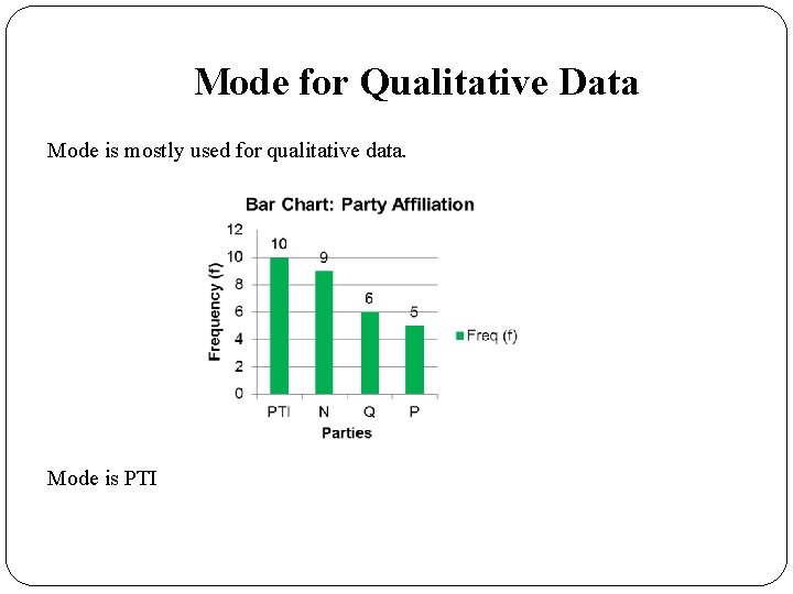 Mode for Qualitative Data Mode is mostly used for qualitative data. Mode is PTI