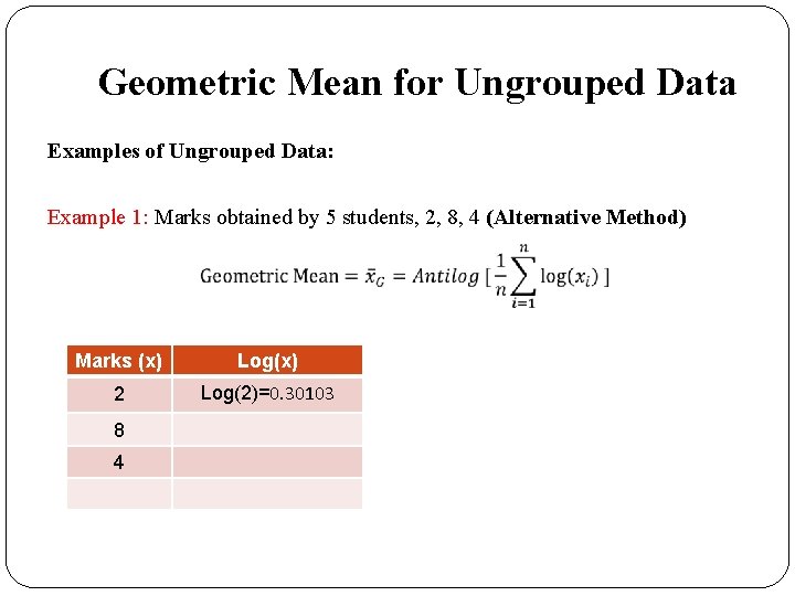 Geometric Mean for Ungrouped Data Examples of Ungrouped Data: Example 1: Marks obtained by