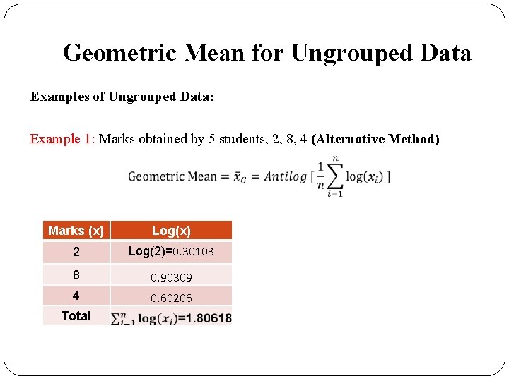 Geometric Mean for Ungrouped Data Examples of Ungrouped Data: Example 1: Marks obtained by