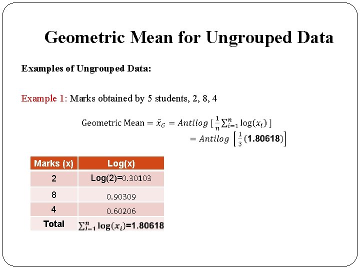 Geometric Mean for Ungrouped Data Examples of Ungrouped Data: Example 1: Marks obtained by