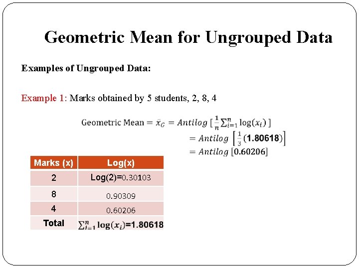 Geometric Mean for Ungrouped Data Examples of Ungrouped Data: Example 1: Marks obtained by