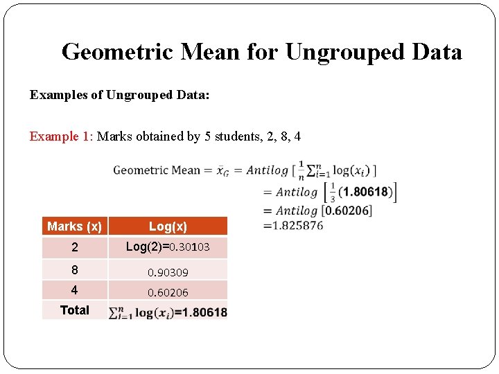 Geometric Mean for Ungrouped Data Examples of Ungrouped Data: Example 1: Marks obtained by