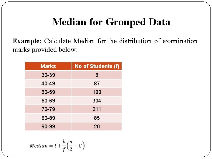 Median for Grouped Data Example: Calculate Median for the distribution of examination marks provided