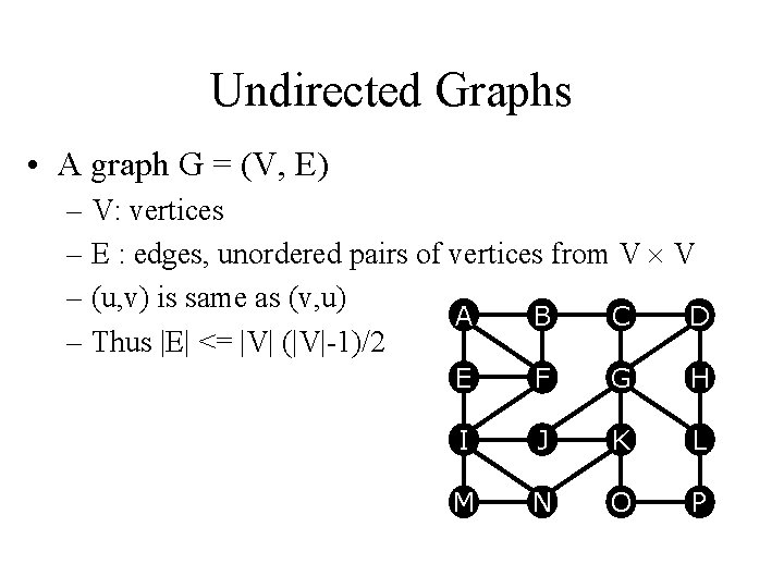 Undirected Graphs • A graph G = (V, E) – V: vertices – E