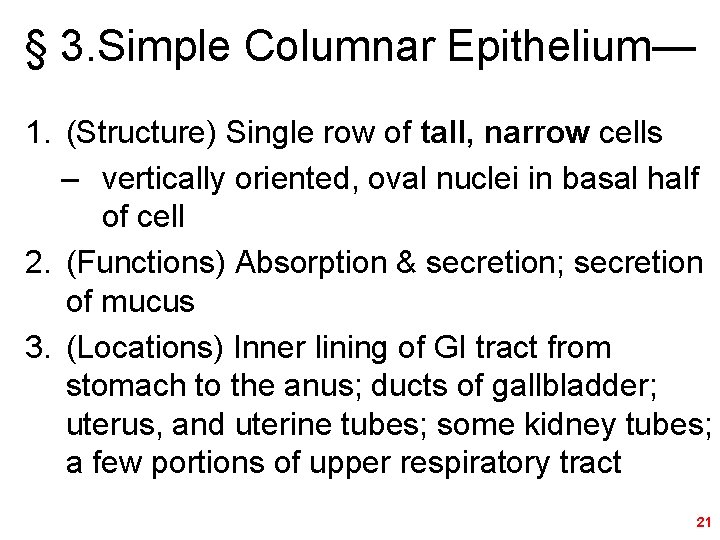 § 3. Simple Columnar Epithelium— 1. (Structure) Single row of tall, narrow cells –