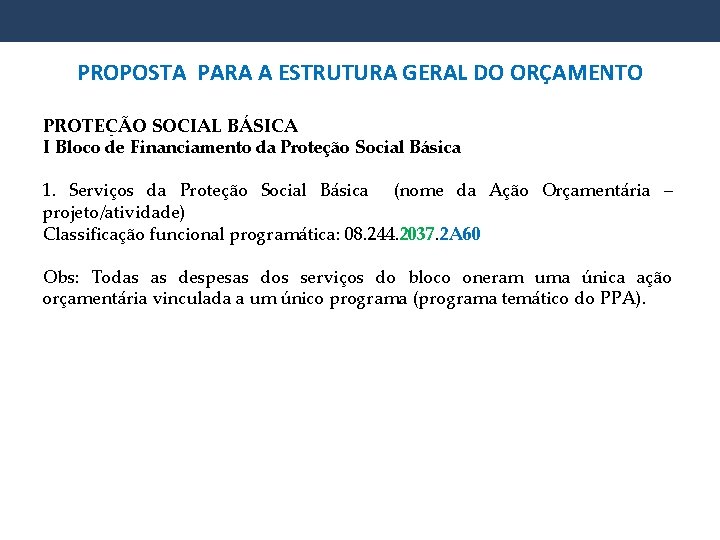 PROPOSTA PARA A ESTRUTURA GERAL DO ORÇAMENTO PROTEÇÃO SOCIAL BÁSICA I Bloco de Financiamento