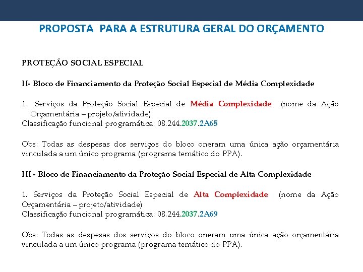 PROPOSTA PARA A ESTRUTURA GERAL DO ORÇAMENTO PROTEÇÃO SOCIAL ESPECIAL II- Bloco de Financiamento