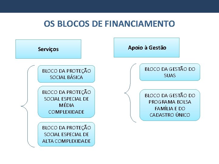 OS BLOCOS DE FINANCIAMENTO Serviços BLOCO DA PROTEÇÃO SOCIAL BÁSICA BLOCO DA PROTEÇÃO SOCIAL