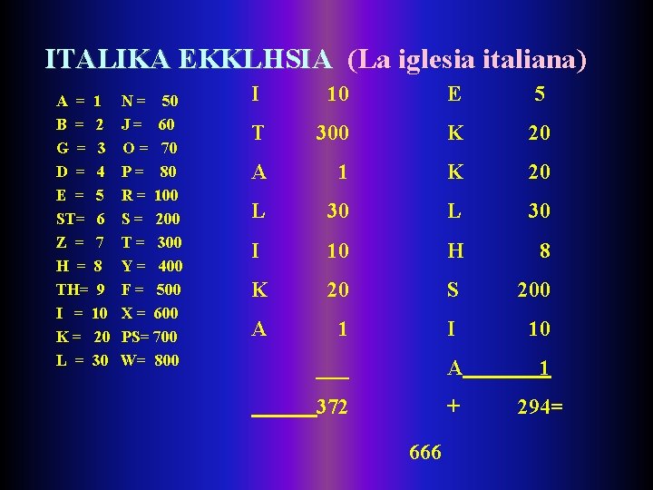ITALIKA EKKLHSIA (La iglesia italiana) A = 1 B = 2 G = 3