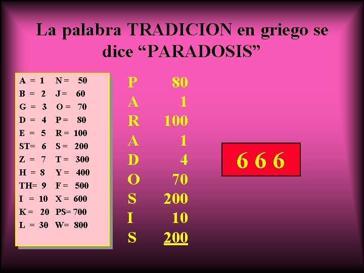 La palabra TRADICION en griego se dice “PARADOSIS” A = 1 B = 2