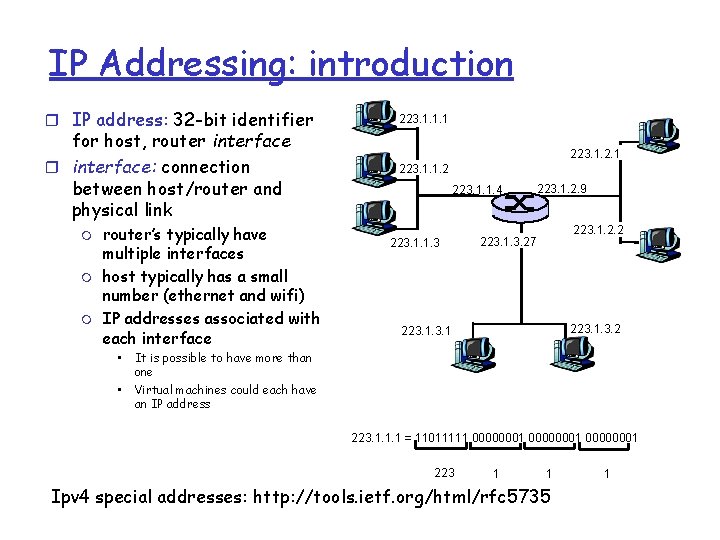 IP Addressing: introduction r IP address: 32 -bit identifier for host, router interface: connection