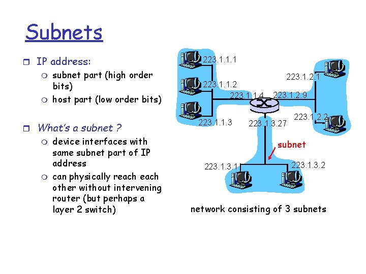 Subnets r IP address: m m subnet part (high order bits) host part (low