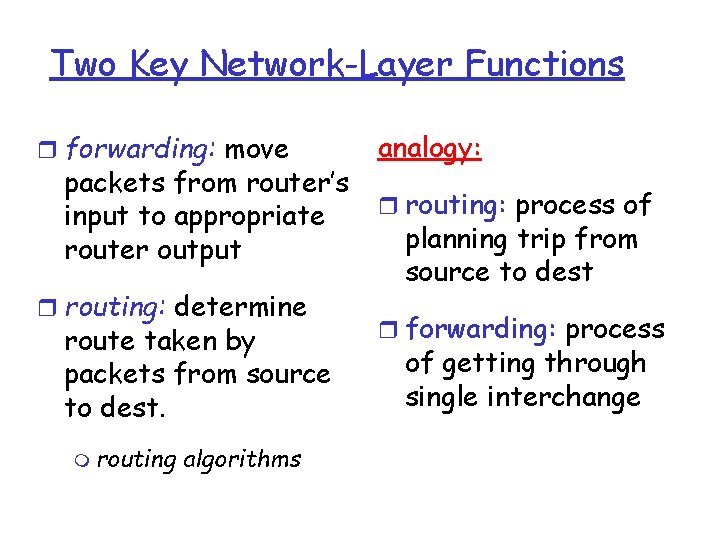 Two Key Network-Layer Functions r forwarding: move packets from router’s input to appropriate router