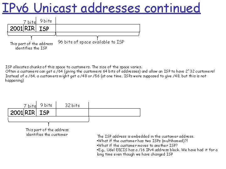 IPv 6 Unicast addresses continued 7 bits 9 bits 2001 RIR ISP This part