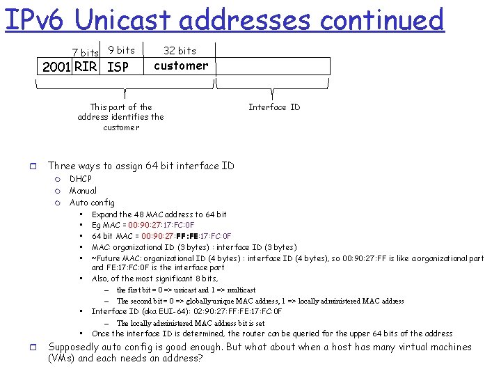 IPv 6 Unicast addresses continued 7 bits 9 bits 2001 RIR ISP 32 bits