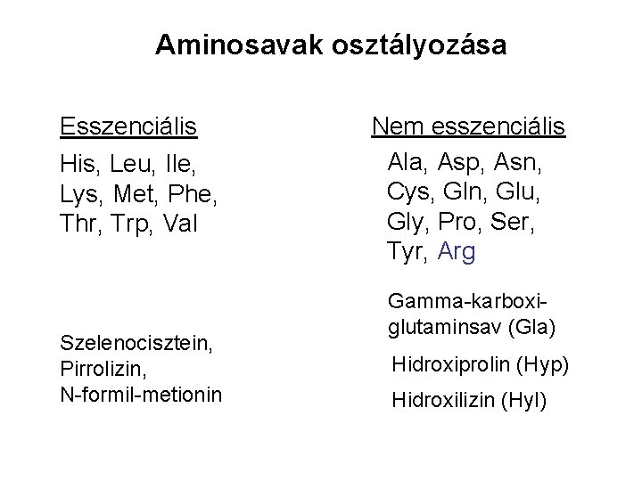 Aminosavak osztályozása Esszenciális His, Leu, Ile, Lys, Met, Phe, Thr, Trp, Val Szelenocisztein, Pirrolizin,