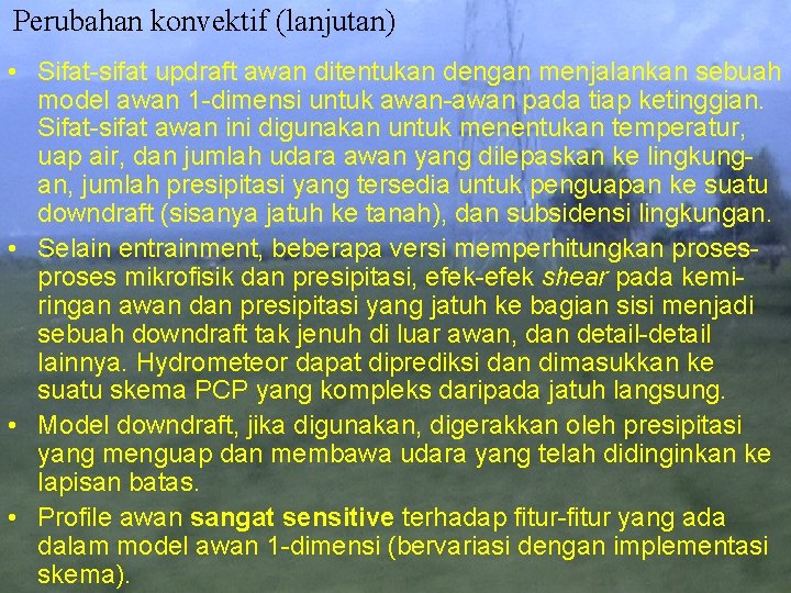 Perubahan konvektif (lanjutan) • Sifat-sifat updraft awan ditentukan dengan menjalankan sebuah model awan 1