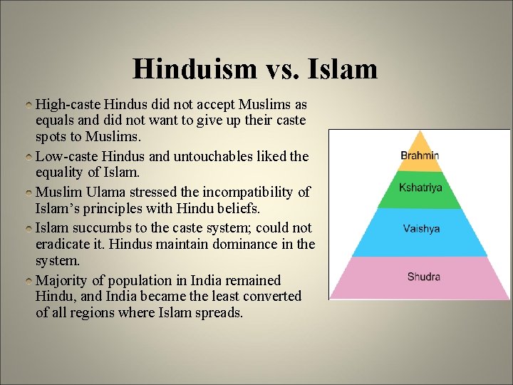 Hinduism vs. Islam High-caste Hindus did not accept Muslims as equals and did not