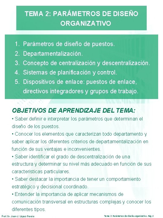 TEMA 2: PARÁMETROS DE DISEÑO ORGANIZATIVO 1. Parámetros de diseño de puestos. 2. Departamentalización.