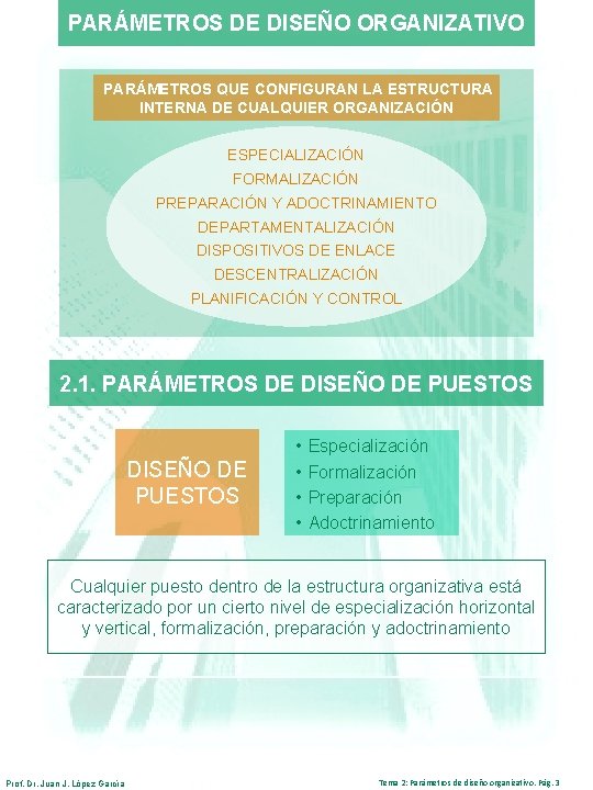 PARÁMETROS DE DISEÑO ORGANIZATIVO PARÁMETROS QUE CONFIGURAN LA ESTRUCTURA INTERNA DE CUALQUIER ORGANIZACIÓN ESPECIALIZACIÓN