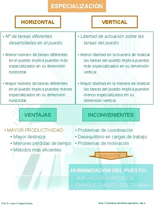 ESPECIALIZACIÓN HORIZONTAL VERTICAL • Nº de tareas diferentes • Libertad de actuación sobre las