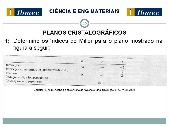CIÊNCIA E ENG MATERIAIS 10 PLANOS CRISTALOGRÁFICOS 1) Determine os índices de Miller para