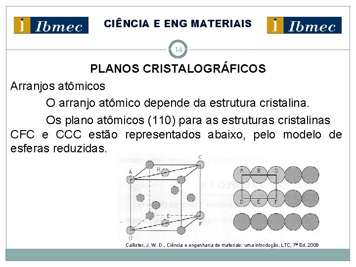 CIÊNCIA E ENG MATERIAIS 14 PLANOS CRISTALOGRÁFICOS Arranjos atômicos O arranjo atômico depende da