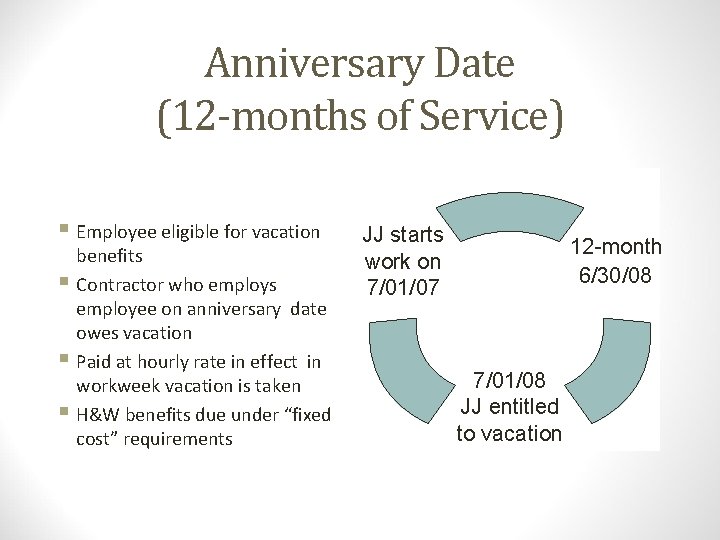 Anniversary Date (12 -months of Service) § Employee eligible for vacation benefits § Contractor