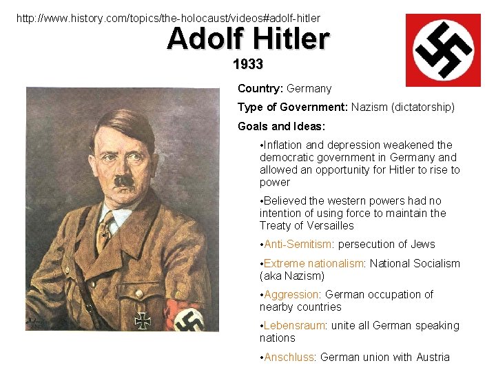 http: //www. history. com/topics/the-holocaust/videos#adolf-hitler Adolf Hitler 1933 Country: Germany Type of Government: Nazism (dictatorship)