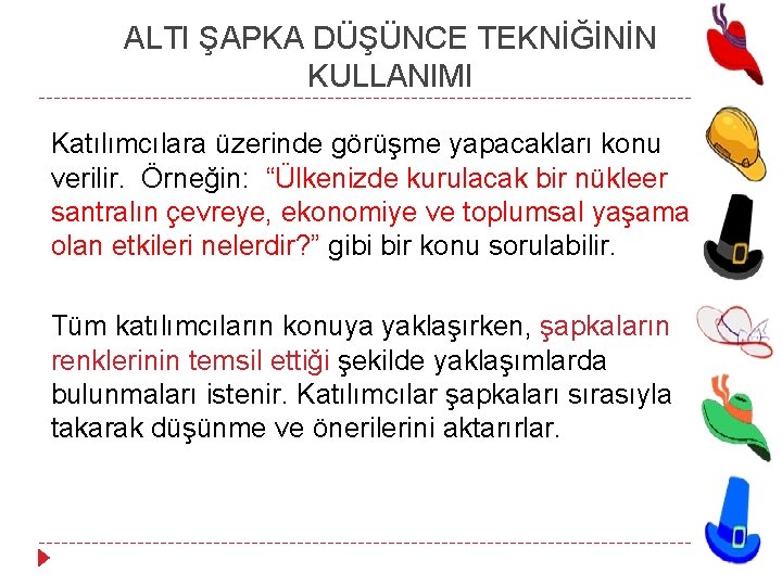 ALTI ŞAPKA DÜŞÜNCE TEKNİĞİNİN KULLANIMI Katılımcılara üzerinde görüşme yapacakları konu verilir. Örneğin: “Ülkenizde kurulacak