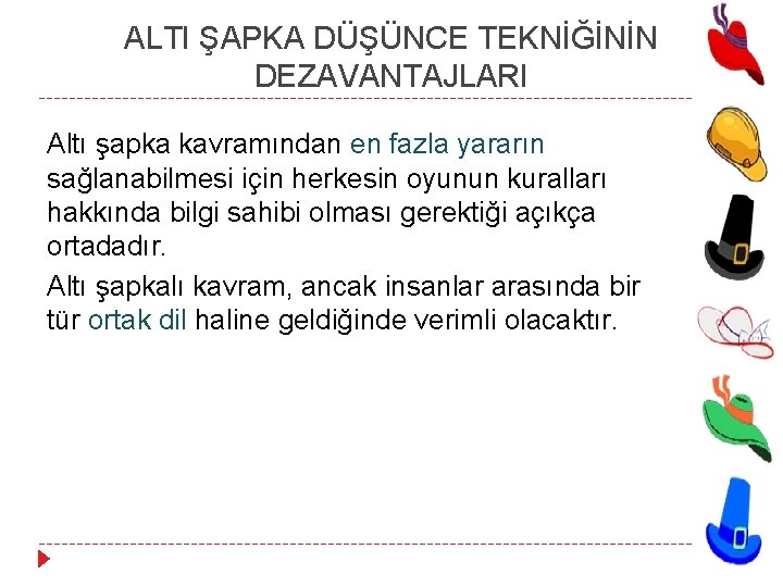 ALTI ŞAPKA DÜŞÜNCE TEKNİĞİNİN DEZAVANTAJLARI Altı şapka kavramından en fazla yararın sağlanabilmesi için herkesin