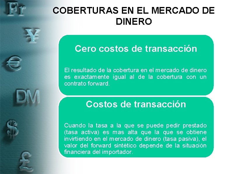 COBERTURAS EN EL MERCADO DE DINERO Cero costos de transacción El resultado de la