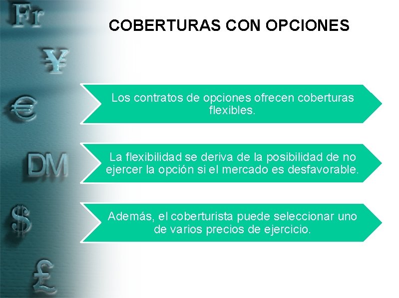 COBERTURAS CON OPCIONES Los contratos de opciones ofrecen coberturas flexibles. La flexibilidad se deriva