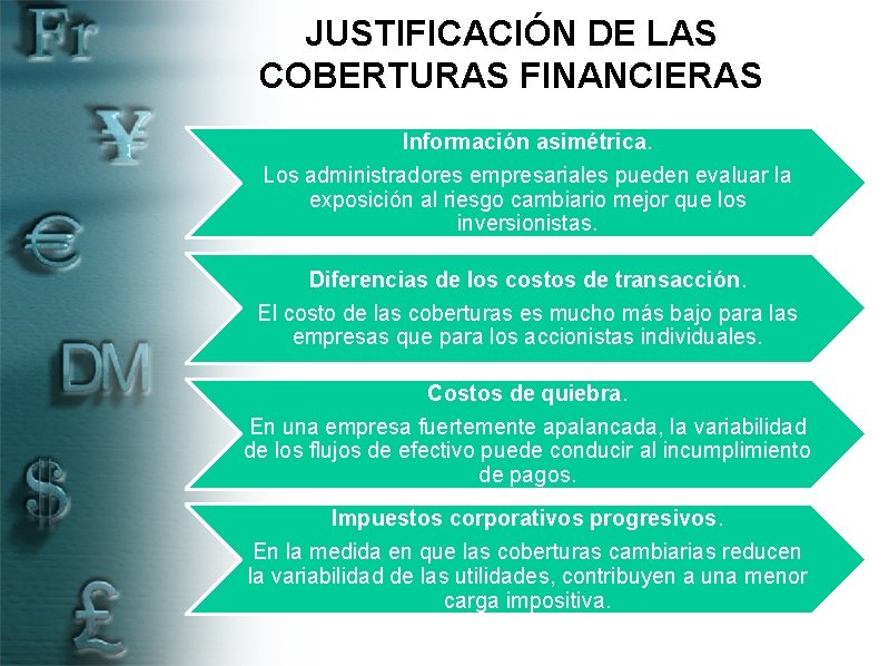 JUSTIFICACIÓN DE LAS COBERTURAS FINANCIERAS Información asimétrica. Los administradores empresariales pueden evaluar la exposición