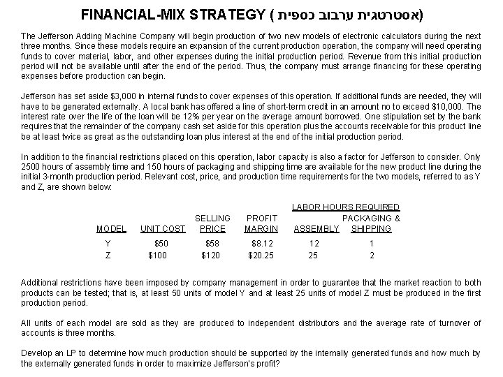 FINANCIAL-MIX STRATEGY ( )אסטרטגית ערבוב כספית The Jefferson Adding Machine Company will begin production FINANCIAL-MIX STRATEGY ( )אסטרטגית ערבוב כספית The Jefferson Adding Machine Company will begin production