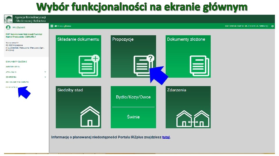 Wybór funkcjonalności na ekranie głównym 