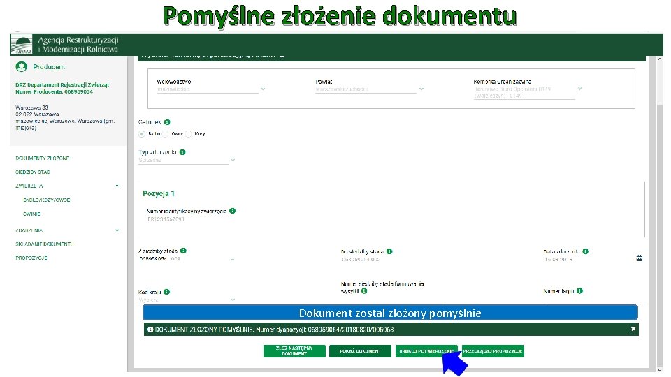 Pomyślne złożenie dokumentu Dokument został złożony pomyślnie 