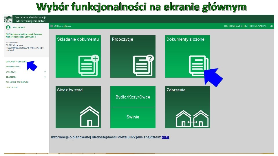 Wybór funkcjonalności na ekranie głównym 