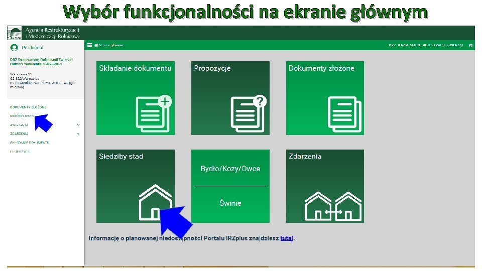 Wybór funkcjonalności na ekranie głównym 