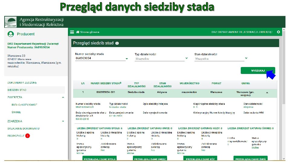 Przegląd danych siedziby stada 