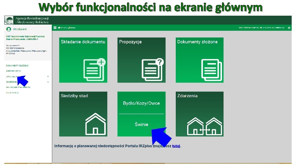 Wybór funkcjonalności na ekranie głównym 