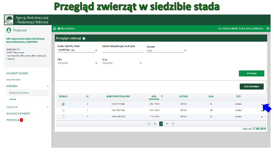 Przegląd zwierząt w siedzibie stada 