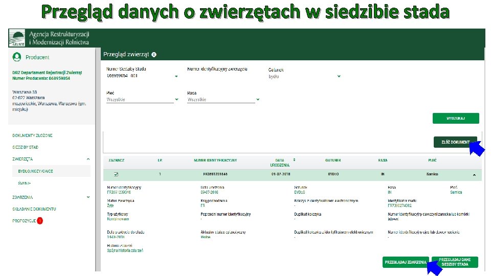 Przegląd danych o zwierzętach w siedzibie stada 