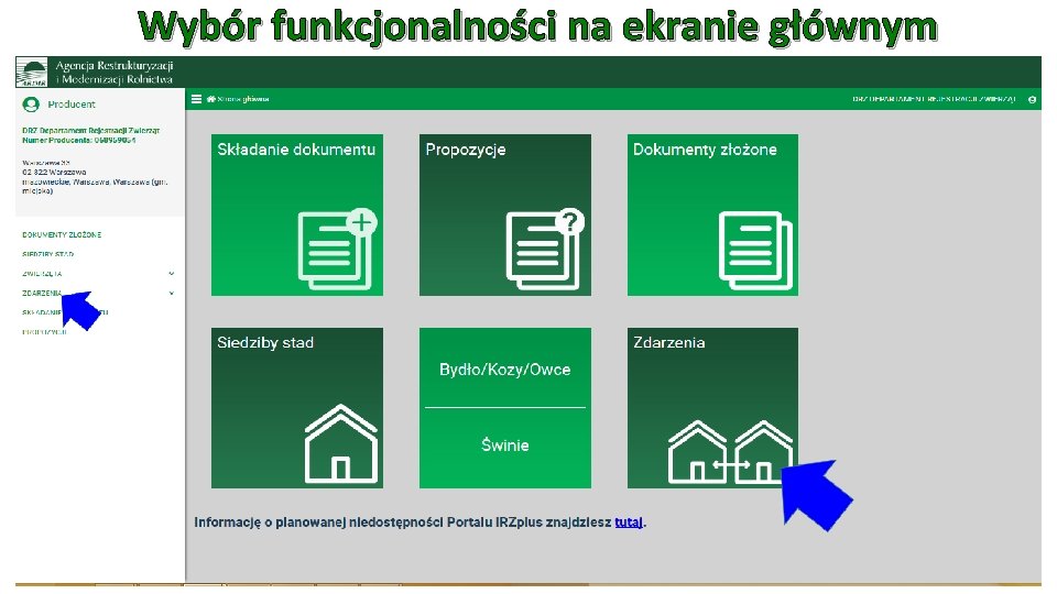 Wybór funkcjonalności na ekranie głównym 