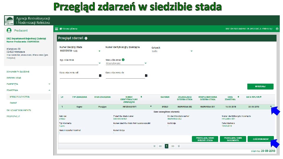 Przegląd zdarzeń w siedzibie stada 