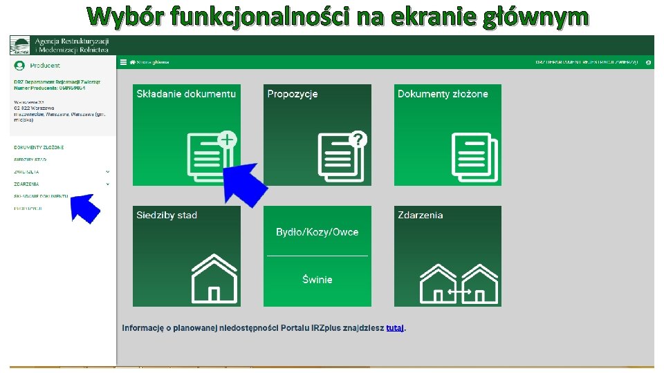 Wybór funkcjonalności na ekranie głównym 