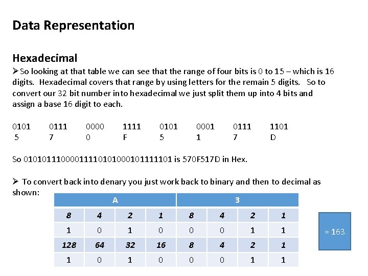 Data Representation Hexadecimal ØSo looking at that table we can see that the range