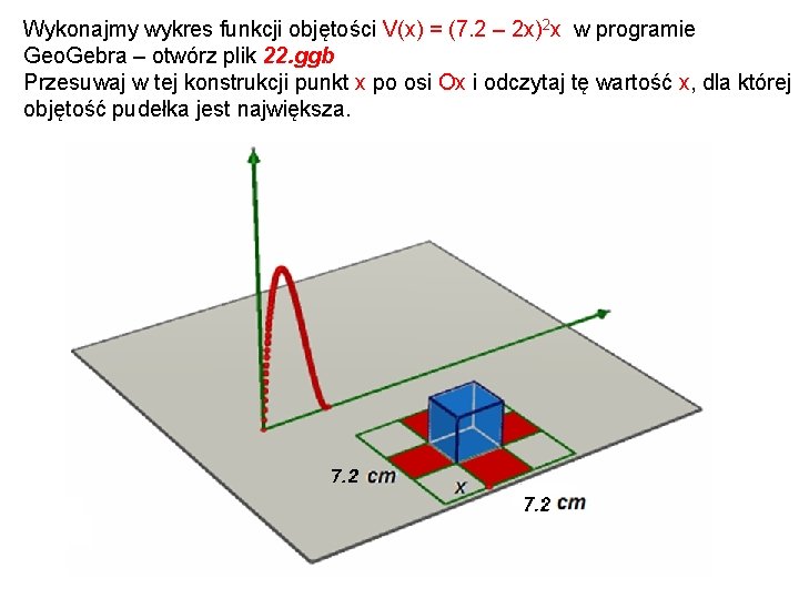 Wykonajmy wykres funkcji objętości V(x) = (7. 2 – 2 x)2 x w programie