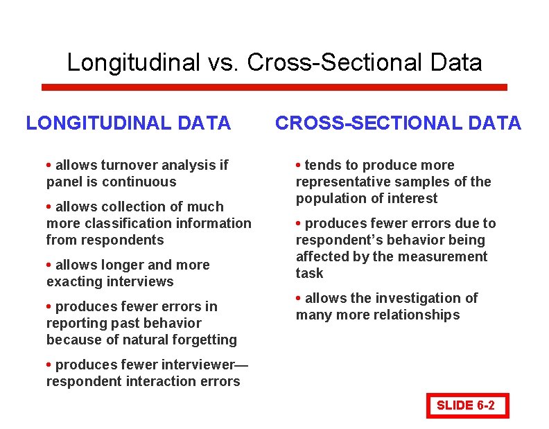 Longitudinal vs. Cross-Sectional Data LONGITUDINAL DATA • allows turnover analysis if panel is continuous